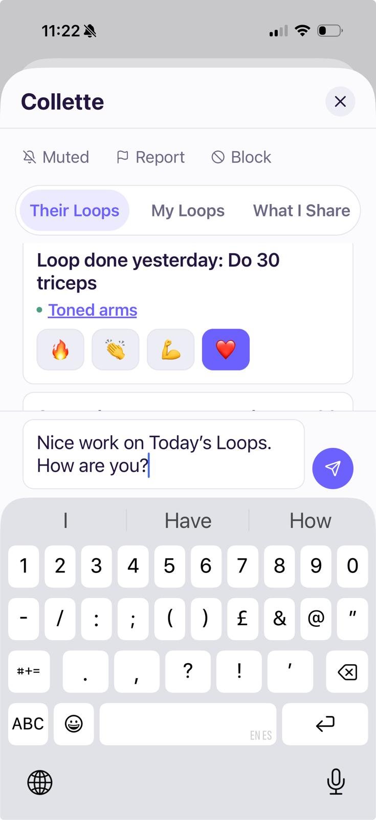 Buddy screen showing a completed loop with emoji reactions and a short encouraging message being typed