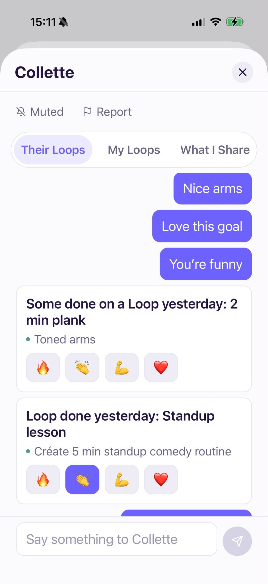 Buddy screen showing completed loops with emoji reactions and short messages