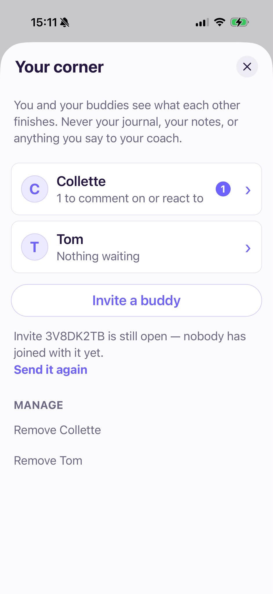 Your corner screen listing two buddies and an open invite