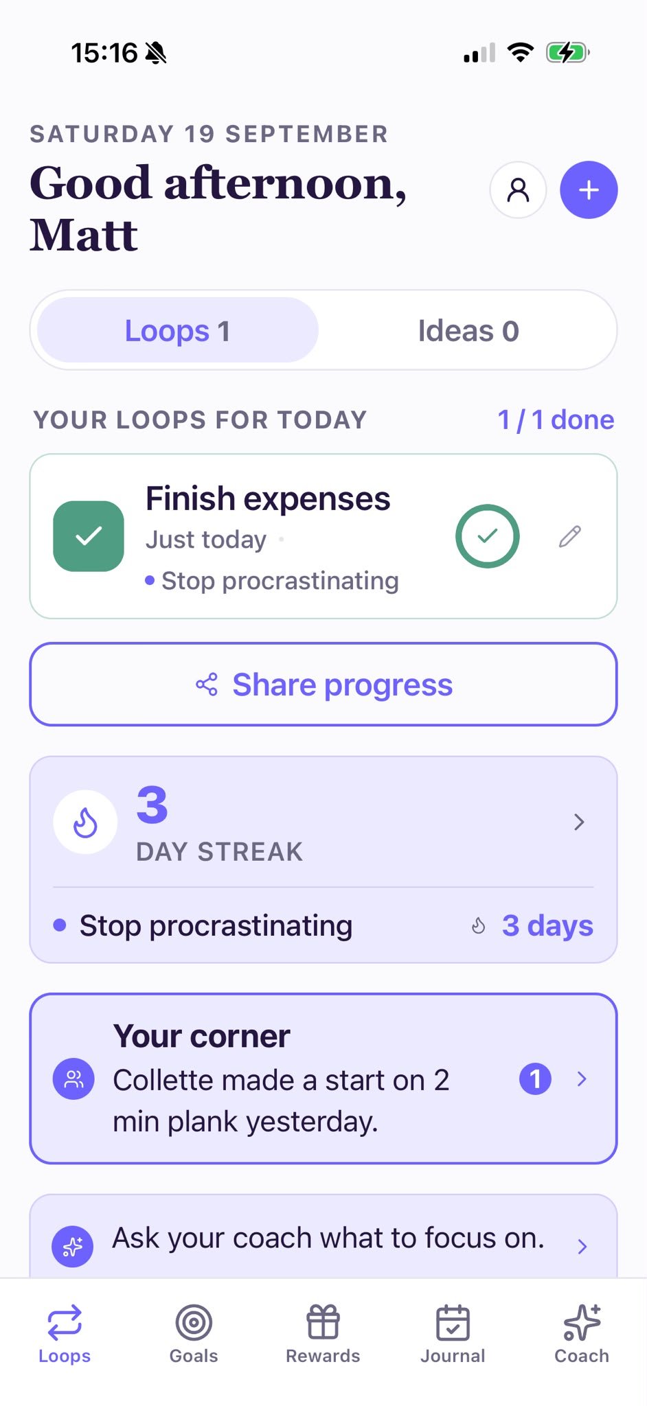 Loops home screen with a three day streak and a Your corner update