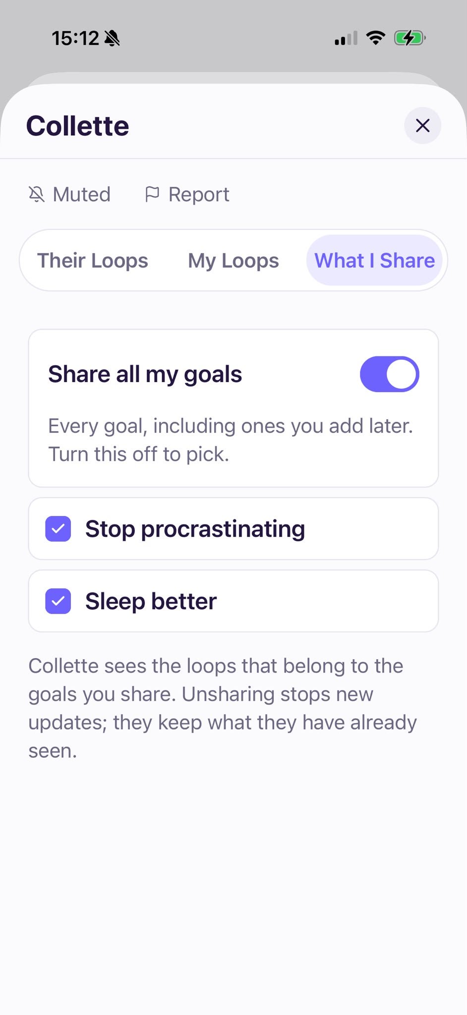 What I Share screen with a toggle for sharing all goals and per-goal checkboxes