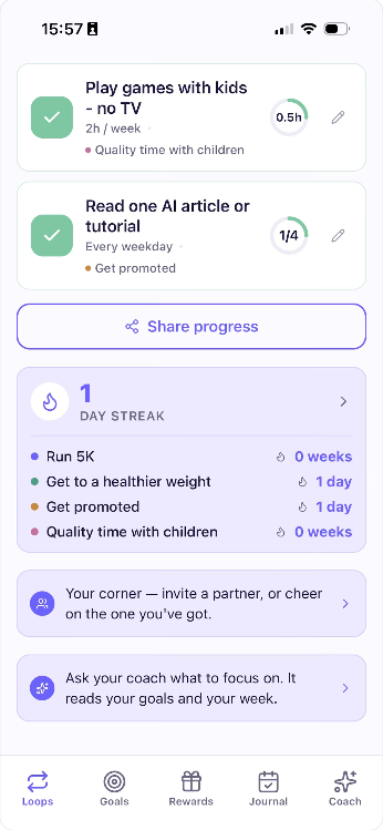 Day streak and shared progress screen