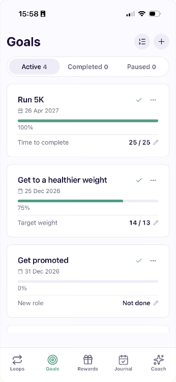 Goals screen with progress bars
