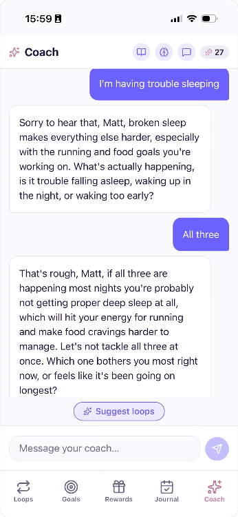 Chat with the AI coach about sleep