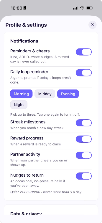 Profile and settings screen with notification toggles